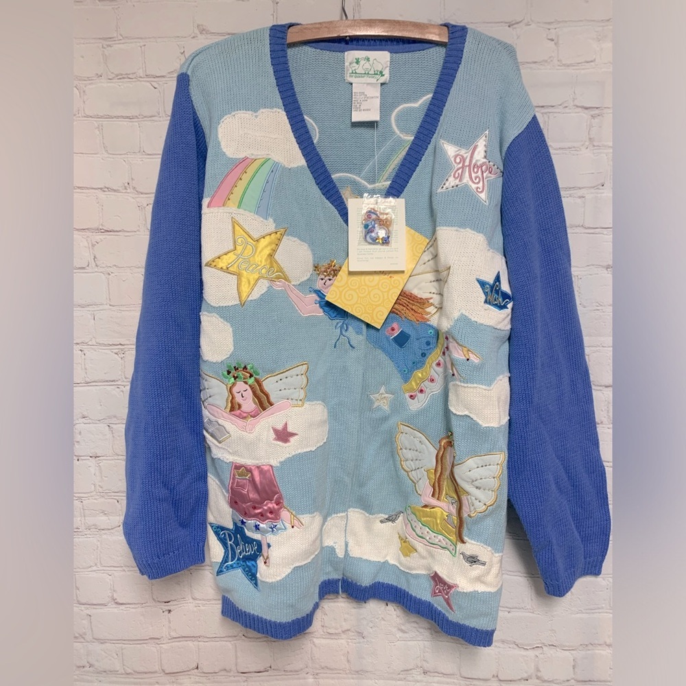 NEW The Quacker Factory Blue Angel Christmas Sweater Cardigan Size 1X​